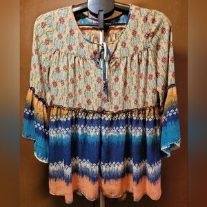 New Directions Sz S Boho Chic Flowing Tie Front Blouse ¾ Sleeve Blue Peach Multi